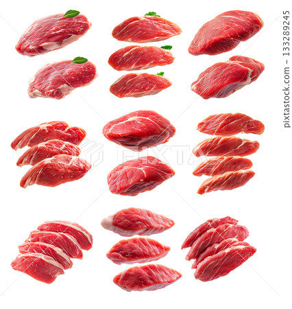 Set of slices of turkey breast cut isolated on white transparent background, showcasing quality and texture Set of slices of turkey breast cut isolated on white transparent background, showcasing quality and texture 133289245