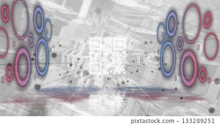 Glowing central square code radiating lines at virtual map background, with colored ring clusters Glowing central square code radiating lines at virtual map background, with colored ring clusters 133289251