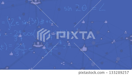Displaying illustration merging equations with connected nodes on blue backdrop, with social icons Displaying illustration merging equations with connected nodes on blue backdrop, with social icons 133289257