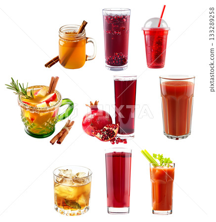 Apple Cinnamon Punch in a green mug, tomato juice with fresh herbs and pomegranate juice Apple Cinnamon Punch in a green mug, tomato juice with fresh herbs and pomegranate juice 133289258