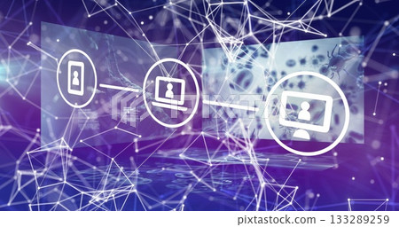 Displaying linked phone laptop desktop icons with silhouettes and code in purple-blue network mesh 133289259