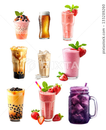 Pineapple juice and ice cubes, Bubble tea drink with tapioca pearls and Grape soda cocktail isolated on white background 133289260