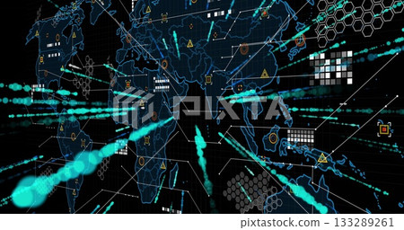 Showing world map with neon-blue outlines and nodes on tech dashboard grid, with teal data streams Showing world map with neon-blue outlines and nodes on tech dashboard grid, with teal data streams 133289261