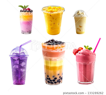 Pineapple juice and ice cubes, Bubble tea drink with tapioca pearls and Grape soda cocktail isolated on white background 133289262