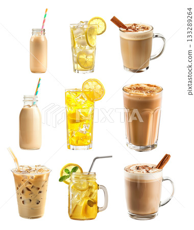Cocktail or lemonade with lemon and lime, creamy matcha chai latte, milk tea isolated on white transparent background Cocktail or lemonade with lemon and lime, creamy matcha chai latte, milk tea isolated on white transparent background 133289264