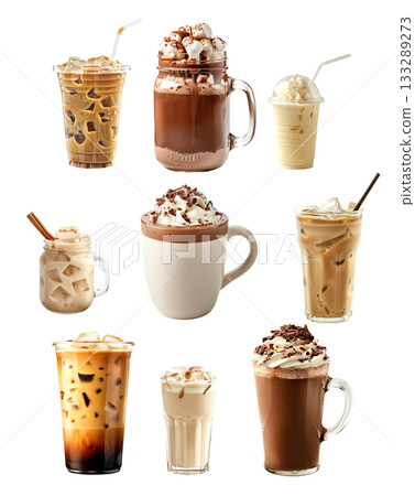 Horchata almond milk, iced coffee with milk and ice cubes, Hot chocolate topped with whipped cream isolated on white 133289273