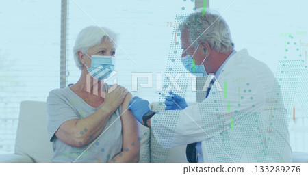 Administering vaccine injection to senior patient in clinic by physician wearing gloves, copy space Administering vaccine injection to senior patient in clinic by physician wearing gloves, copy space 133289276