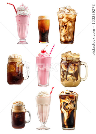 Iced coffee with milk and ice cubes, Hot chocolate topped and milkshake with whipped cream isolated on white Iced coffee with milk and ice cubes, Hot chocolate topped and milkshake with whipped cream isolated on white 133289278