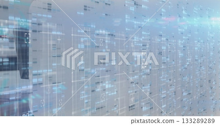 Covering racks with holographic data overlay in data center, with cooling vents and network cables Covering racks with holographic data overlay in data center, with cooling vents and network cables 133289289