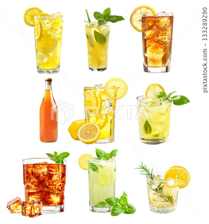 Chilled kombucha amber served with a slice of lemon, cocktail or lemonade with mint or basil Chilled kombucha amber served with a slice of lemon, cocktail or lemonade with mint or basil 133289290