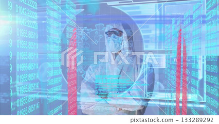 Analyzing scientist wearing coverall mask goggles monitoring holographic numeric streams in lab Analyzing scientist wearing coverall mask goggles monitoring holographic numeric streams in lab 133289292