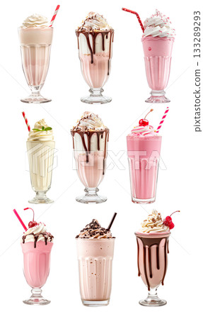 Strawberry milkshake topped with whipped cream and a chocolate isolated on white background Strawberry milkshake topped with whipped cream and a chocolate isolated on white background 133289293