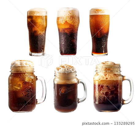 A frosty glass is filled to the brim with bubbly, dark caramel soda or root beer isolated on white A frosty glass is filled to the brim with bubbly, dark caramel soda or root beer isolated on white 133289295