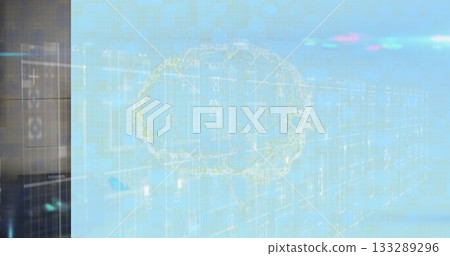 Floating brain hologram glowing over data center binary code grid with server racks, light flares 133289296