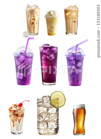 Vanilla cream soda cocktail drink served over ice with whipped cream isolated on white transparent 133289303