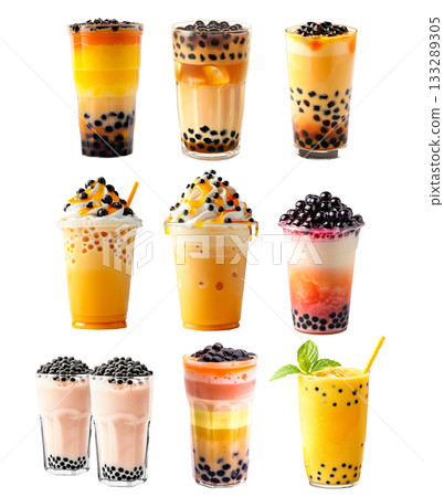 Bubble tea drink that features tapioca pearls and ice isolated on white transparent background 133289305