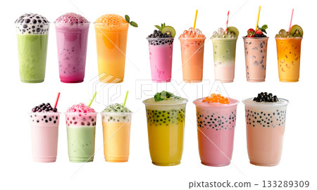 Bubble tea drink that features tapioca pearls and ice isolated on white transparent background 133289309