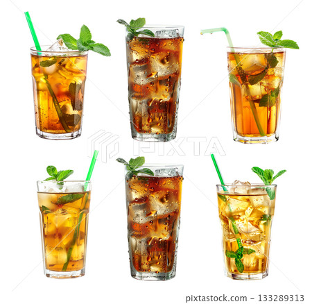 Refreshing ice tea filled with ice cubes and lemon slices isolated on white transparent background 133289313