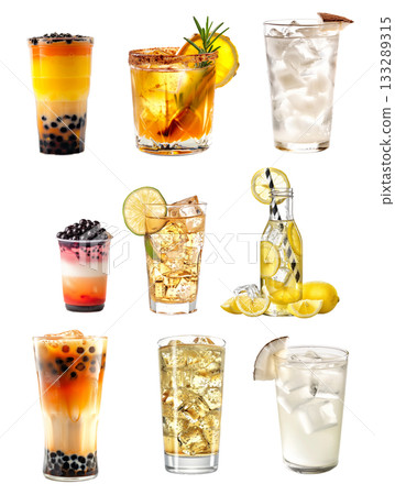 Bubble tea drink that with tapioca pearls and ice, ginger bear ale and sparkling water isolated on white transparent 133289315
