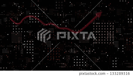Rising maroon-red wavy arrow line traversing abstract digital background, with pixel dot clusters Rising maroon-red wavy arrow line traversing abstract digital background, with pixel dot clusters 133289316