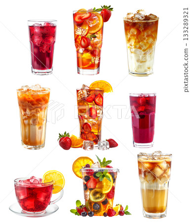 Hibiscus ice tea, Thai iced tea and fruit tea blend of berries, citrus slices and mint leaves isolated on white 133289321