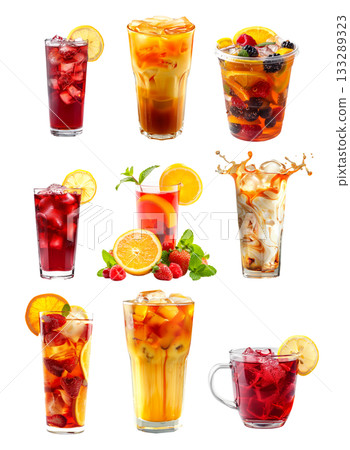 Hibiscus ice tea, Thai iced tea and fruit tea blend of berries, citrus slices and mint leaves isolated on white 133289323