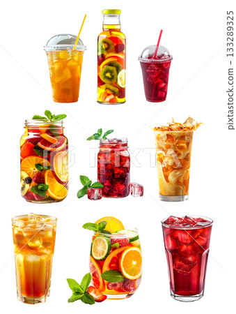 Hibiscus ice tea, Thai iced tea and fruit tea blend of berries, citrus slices and mint leaves isolated on white 133289325