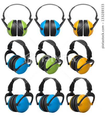Set of colorful protective earmuffs isolated on a white background with clipping path, concept of hearing protection Set of colorful protective earmuffs isolated on a white background with clipping path, concept of hearing protection 133289333