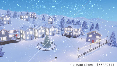 Shining snowy houses surrounding decorated Christmas tree at village square, with string lights Shining snowy houses surrounding decorated Christmas tree at village square, with string lights 133289343