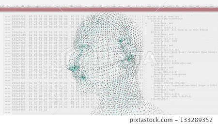 Rendering digital bust composed of binary mesh at console display, with hex dump, network scan logs 133289352