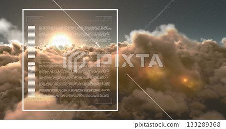 Floating translucent interface window displaying code and bar graphs above dawn clouds, starry sky 133289368