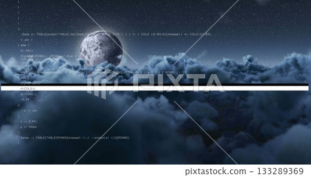 Rising lunar sphere glowing above clouds in outer space, with code lines and stars, copy space Rising lunar sphere glowing above clouds in outer space, with code lines and stars, copy space 133289369