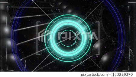 Pulsing turquoise circles rotating amid HUD markings with black spheres, rods, purple particles Pulsing turquoise circles rotating amid HUD markings with black spheres, rods, purple particles 133289370