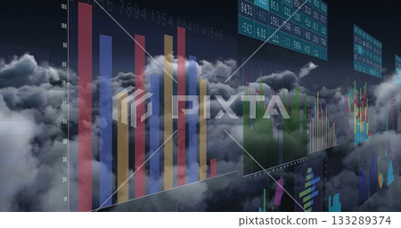 Floating panels hovering above clouds in simulation showing vivid bar and line charts ticker tables Floating panels hovering above clouds in simulation showing vivid bar and line charts ticker tables 133289374