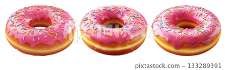 Tasty donut topped with white glaze and colorful sprinkles, isolated on white transparent background 133289391