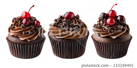 Chocolate cupcake topped with rich frosting, red cherries, and chocolate chips, isolated on white transparent background 133289401