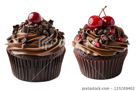 Chocolate cupcake topped with rich frosting, red cherries, and chocolate chips, isolated on white transparent background Chocolate cupcake topped with rich frosting, red cherries, and chocolate chips, isolated on white transparent background 133289402