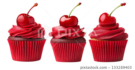 Chocolate cupcake with red frosting and cherry on top, isolated on white background, concept of dessert and sweets 133289403