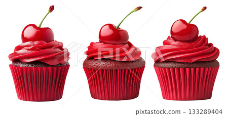 Chocolate cupcake with red frosting and cherry on top, isolated on white background, concept of dessert and sweets 133289404