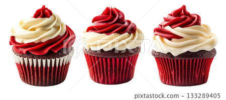 Chocolate cupcake with smooth white and red frosting swirl, isolated on white background. Concept of sweet dessert treat 133289405