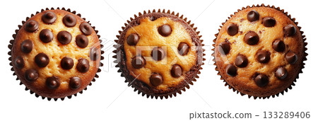 Chocolate chip muffin in paper cup, top view food, isolated on white background. Concept of sweet baked dessert 133289406