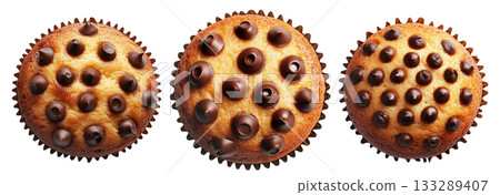 Chocolate chip muffin in paper cup, top view food, isolated on white background. Concept of sweet baked dessert 133289407