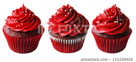 Chocolate cupcake with red swirl frosting and white sprinkles, isolated on white transparent background. 133289408