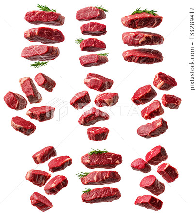 Set of fresh cuts of Beef tenderloin isolated on a white background, concept of meat freshness. 133289412