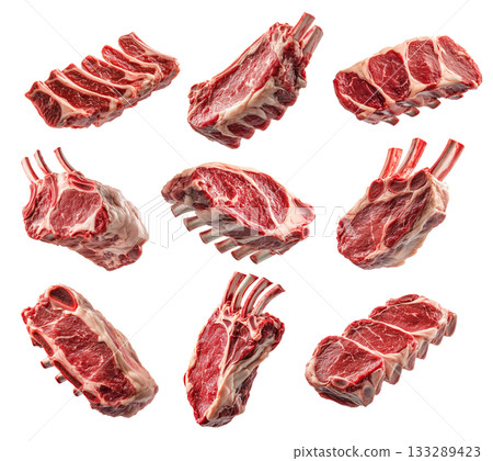 Set of rack of Lamb, isolated on white background, showcasing culinary concept Set of rack of Lamb, isolated on white background, showcasing culinary concept 133289423