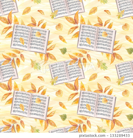 Open music note book among yellow leaves seamless pattern on watercolor yellow background. Music paper with note stave grid and autumn foliage for textile, fall posters, packaging design Open music note book among yellow leaves seamless pattern on watercolor yellow background. Music paper with note stave grid and autumn foliage for textile, fall posters, packaging design 133289433