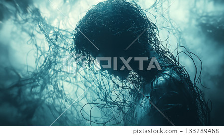 Silhouette figure emerging through wire mesh, mental health awareness concept 133289468