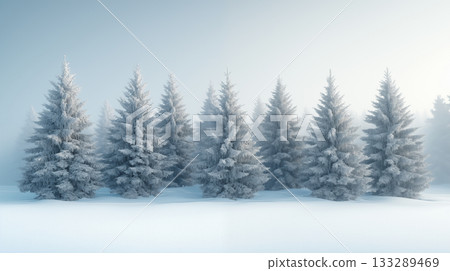 Snow covered pine trees in winter fog, ethereal landscape concept Snow covered pine trees in winter fog, ethereal landscape concept 133289469