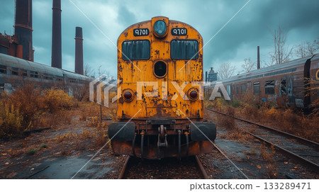 Vintage train abandoned in industrial setting, weathered orange locomotive showing urban decay 133289471
