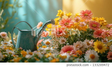 Vintage watering can pouring water over colorful garden daisies, spring gardening concept Vintage watering can pouring water over colorful garden daisies, spring gardening concept 133289472